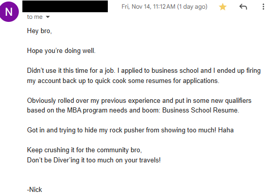 Best Military Resume Success Story - Navy E-7 veteran hired in Business School