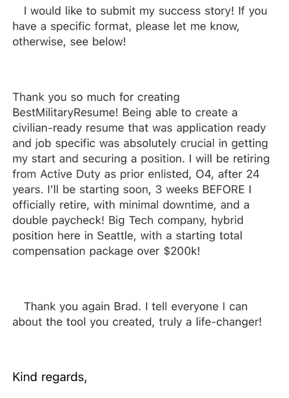 Best Military Resume Success Story - Navy O-4 veteran hired in Engagement Manager