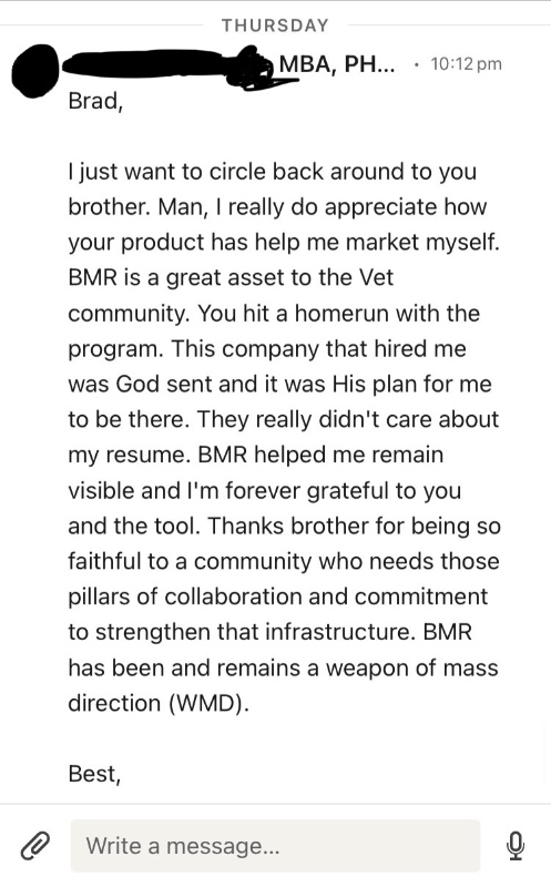 Best Military Resume Success Story - Army E-8 veteran hired in Director of Human Capital