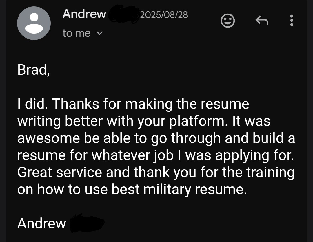 Success story email from Andrew, Master Chief Petty Officer (E-9) Navy