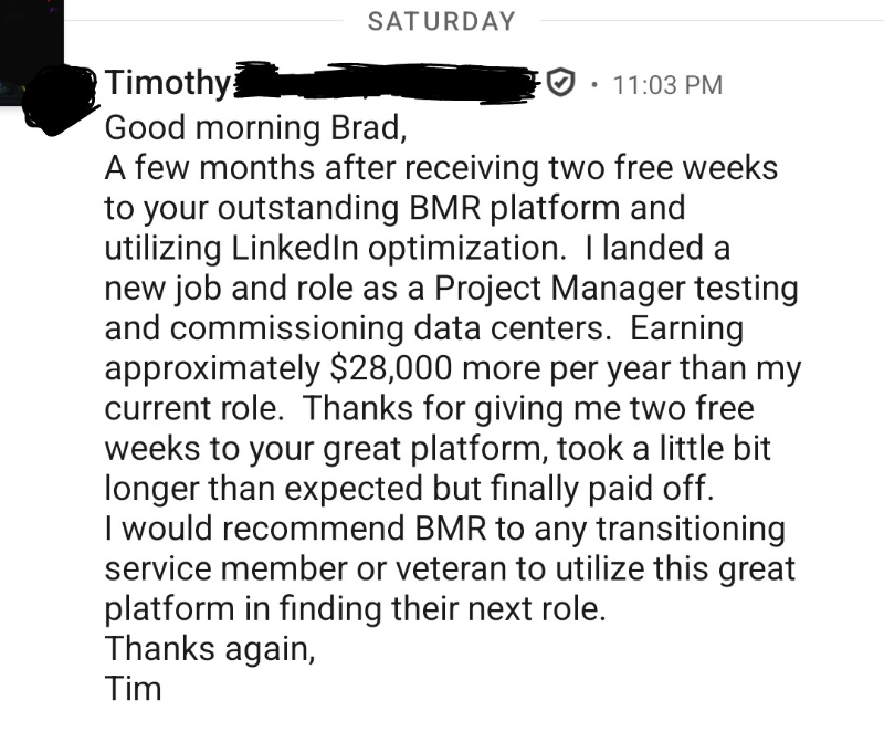 Best Military Resume Success Story - Navy Petty Officer First Class (E-6) veteran hired in Project Management