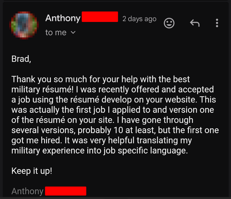 Best Military Resume Success Story - Army Major (O-4) veteran hired in Commercial Branch Management
