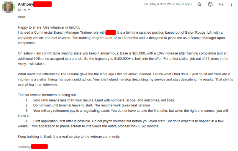 Best Military Resume Success Story - Army Major (O-4) veteran hired in Commercial Branch Management