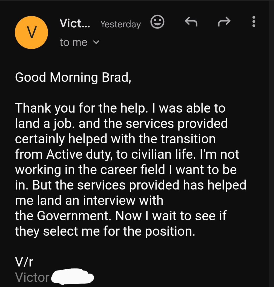 Success story from Victor, Chief Petty Officer (E-7) Coast Guard