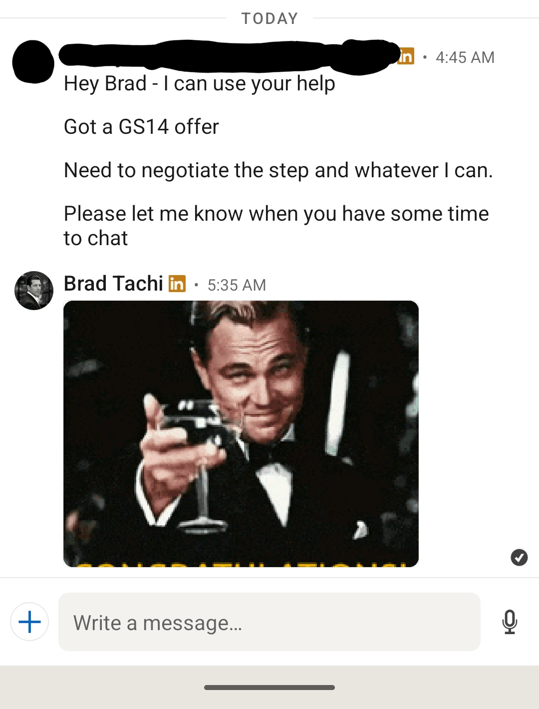 Anonymized LinkedIn DM from an Army Sergeant: Got a GS-14 offer. Need to negotiate the step and whatever I can.