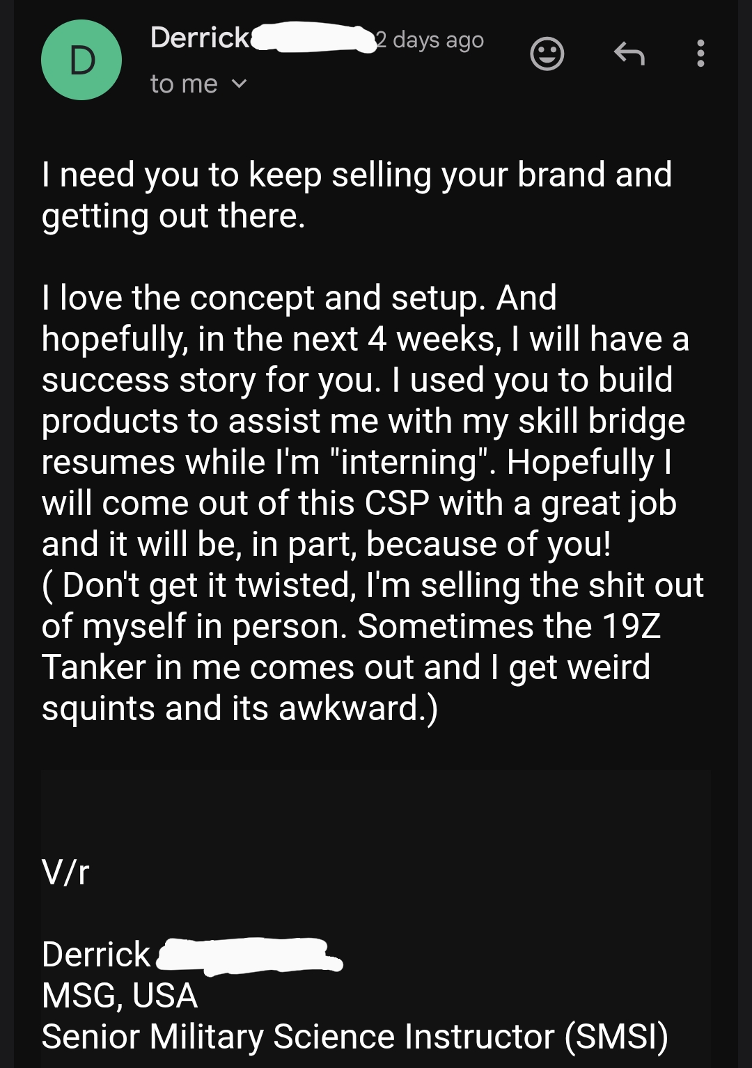 Email from Derrick: Army Master Sergeant used Best Military Resume to land his SkillBridge placement and is now interning at a sponsor company