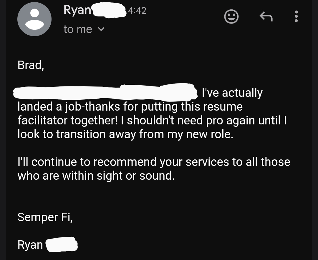 Success story email from Ryan, Major Marines