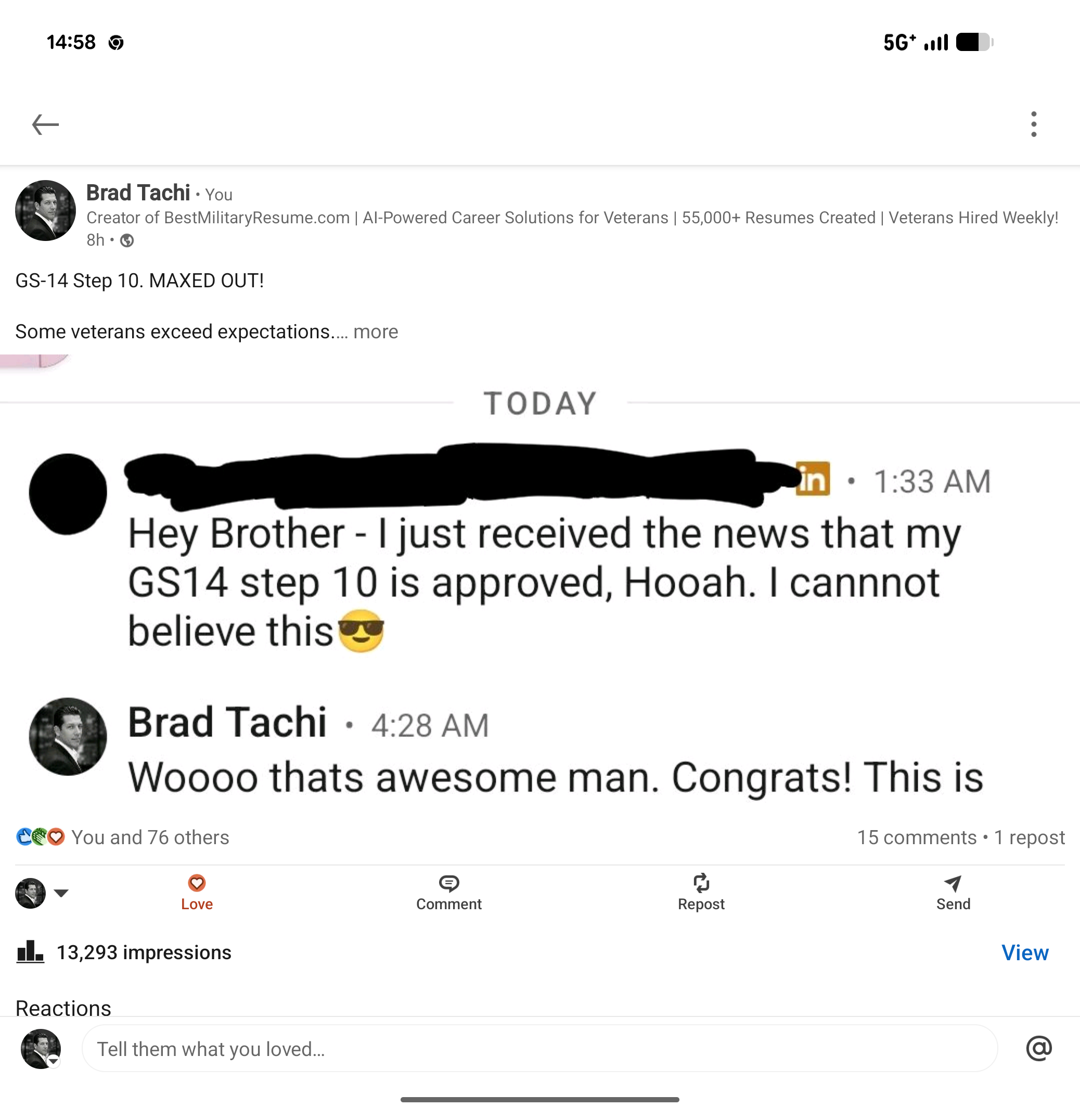 Anonymized LinkedIn DM from an Army Sergeant confirming his GS-14 step 10 negotiation was approved