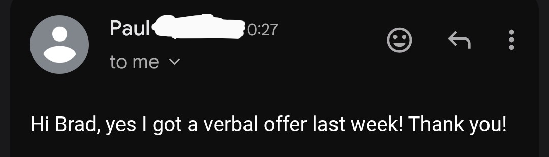 Verbal offer email from Paul, Master Sergeant Air Force