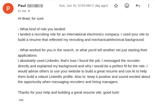 Success story email from Paul, Master Sergeant Air Force