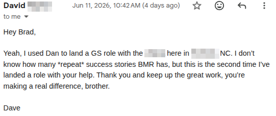 Success story email from David, Chief Master Sergeant Air Force