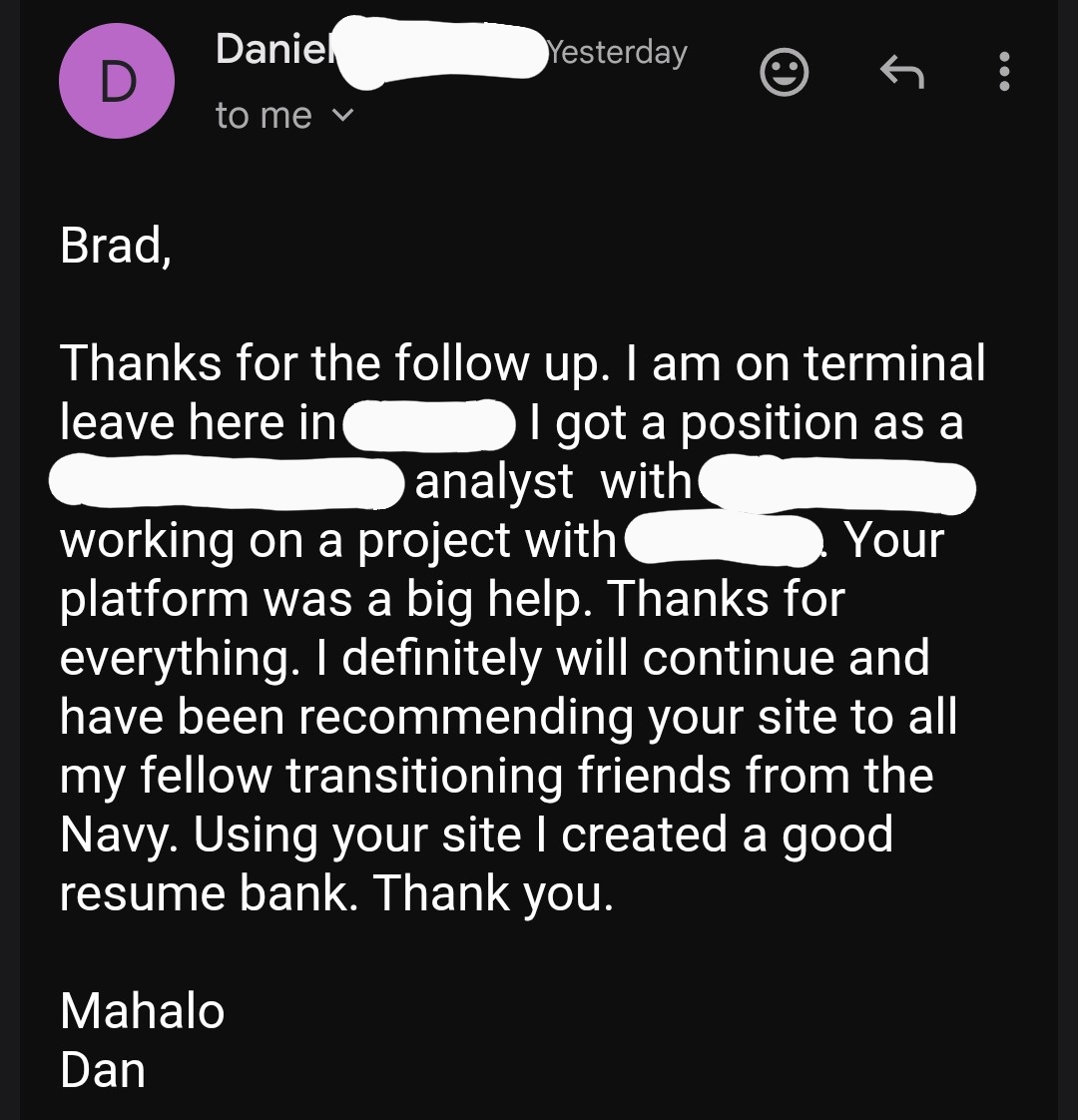 Follow-up email from Daniel, Master Chief Petty Officer (E-9) Navy, recommending Best Military Resume to his fellow transitioning Navy veterans