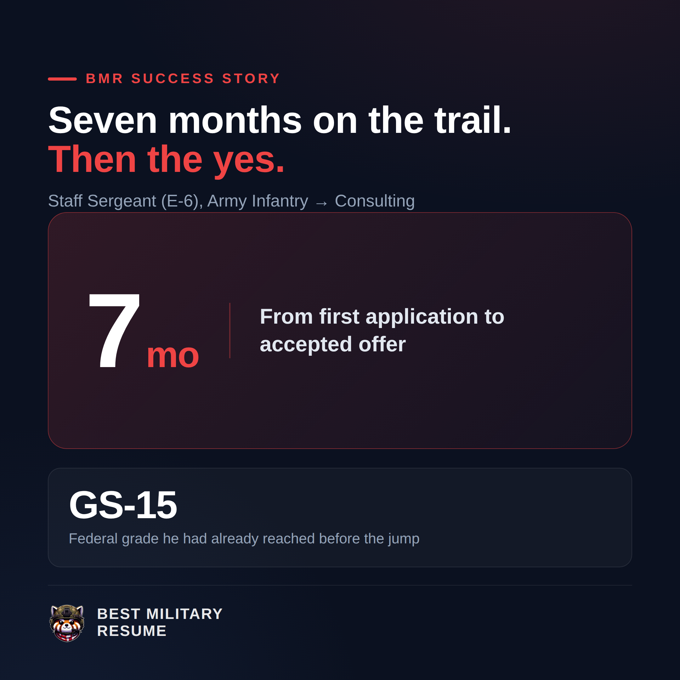 Joseph, Staff Sergeant (E-6), Army infantry to consulting: seven months from first application to accepted offer