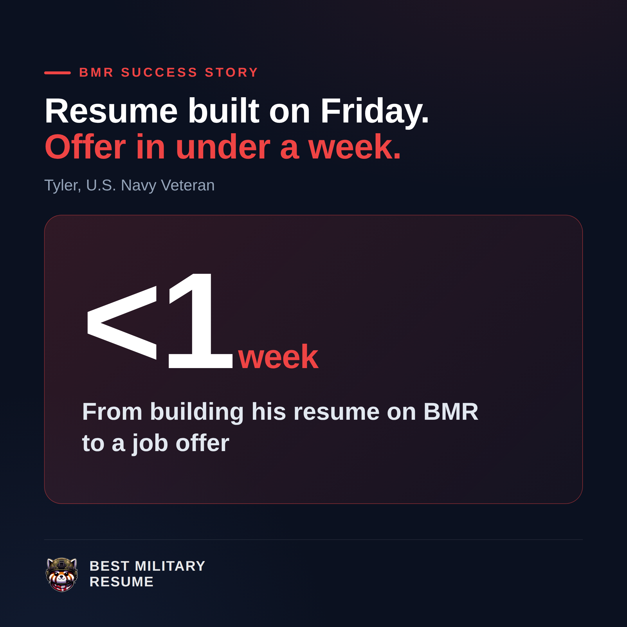 Tyler, Navy veteran: resume built on BMR on a Friday, job offer in under a week