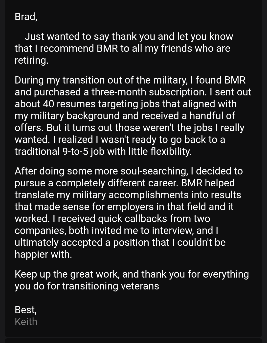 Success story from Keith, Chief Master Sergeant (E-9) Air Force