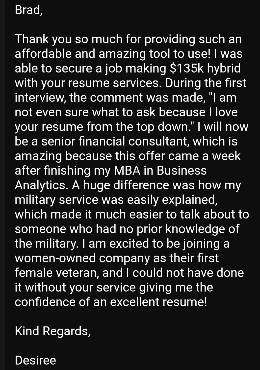 Email from Desiree, an Army National Guard Sergeant, describing the $135,000 senior financial consultant role she landed using Best Military Resume