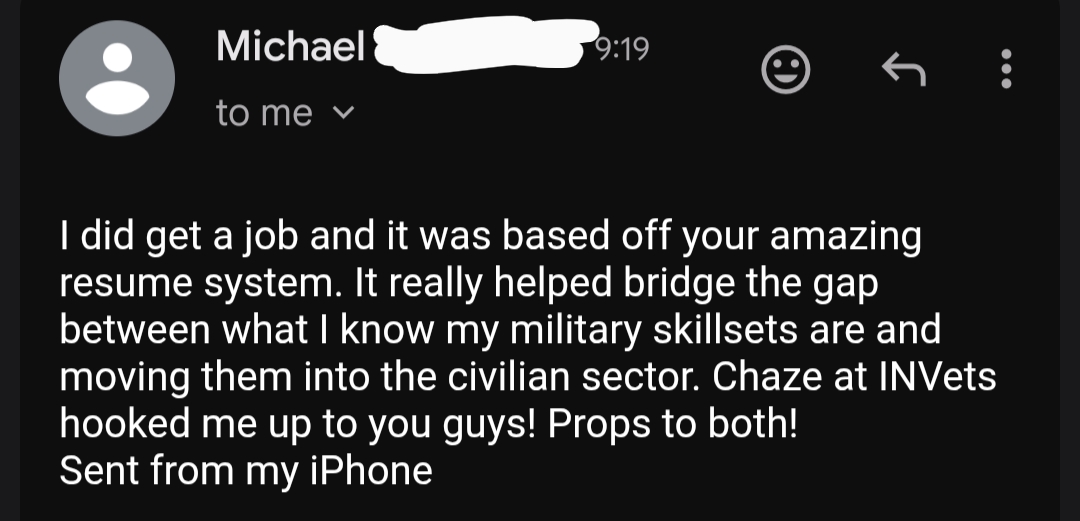 Michael, Chief Petty Officer (E-7) Navy, on being referred to Best Military Resume