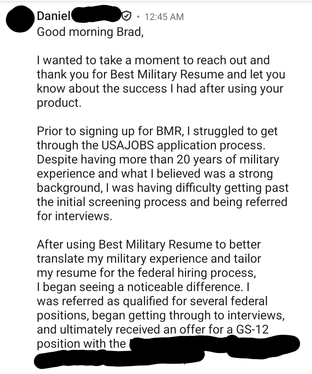 Success story from Daniel, Master Sergeant (E-8) Army