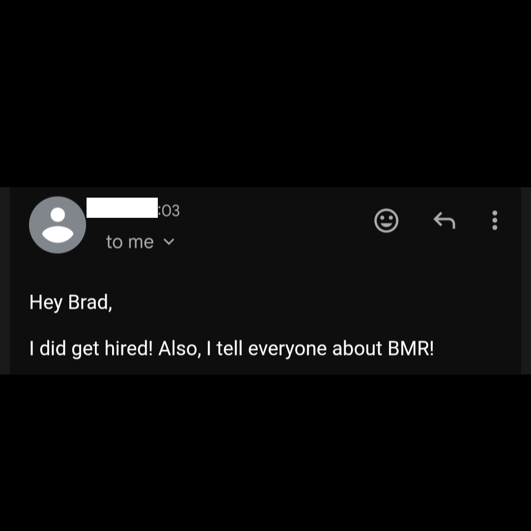Redacted dark-mode hire email from Matthew, an Air Force Master Sergeant, sharing that he got hired and recommends Best Military Resume.