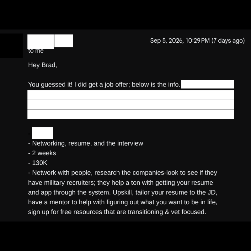 Redacted hire email screenshot from J (Army E-8) — name and employer barred