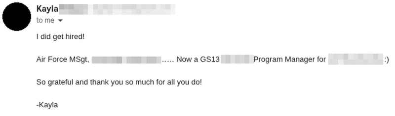 Email from Kayla, Air Force MSgt (E-7), about landing a GS-13 Program Manager role