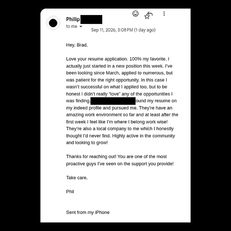 Email from Philip, Marines E-6, about landing a new civilian role