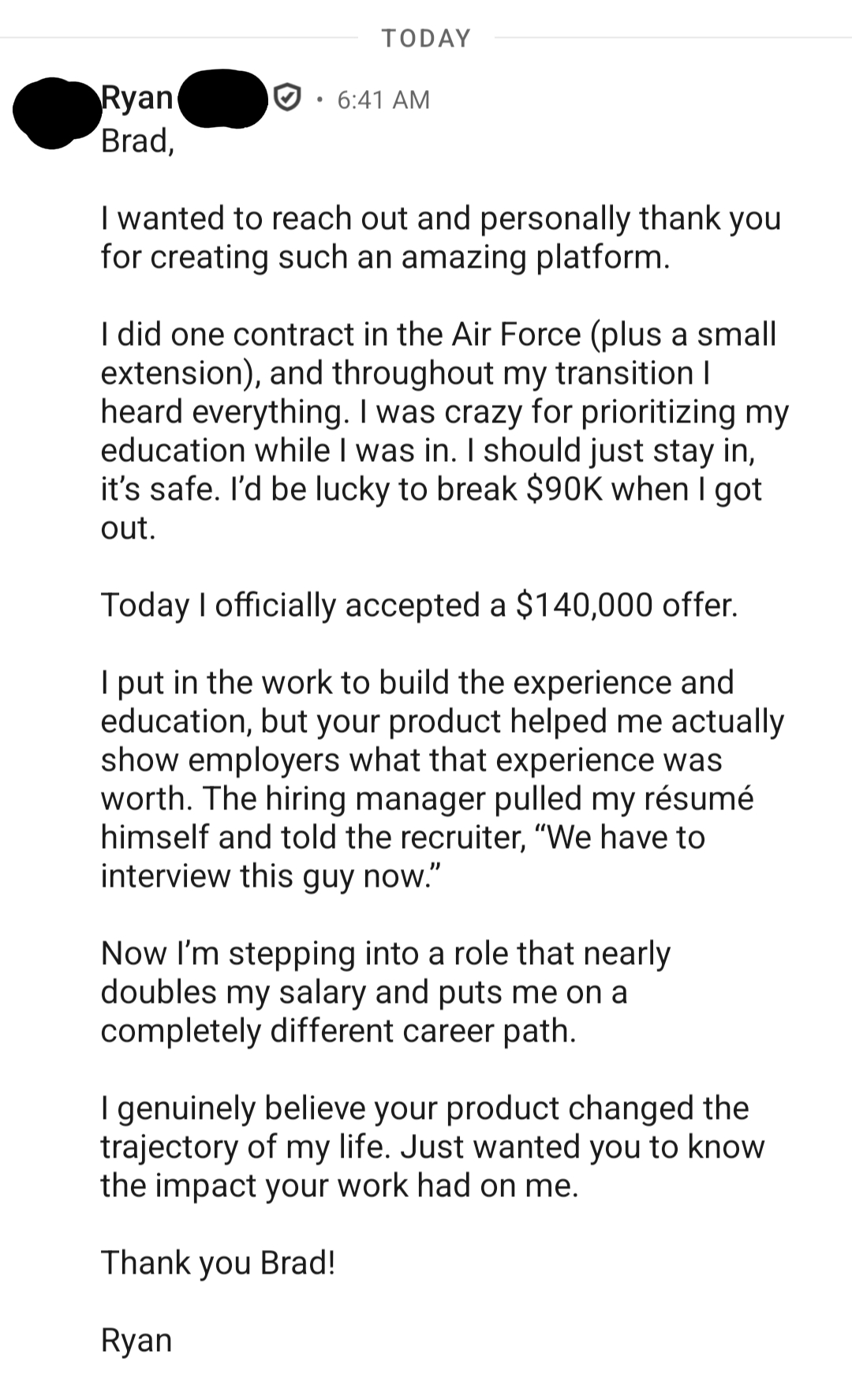 Success story from Ryan, Senior Airman (E-4) Air Force
